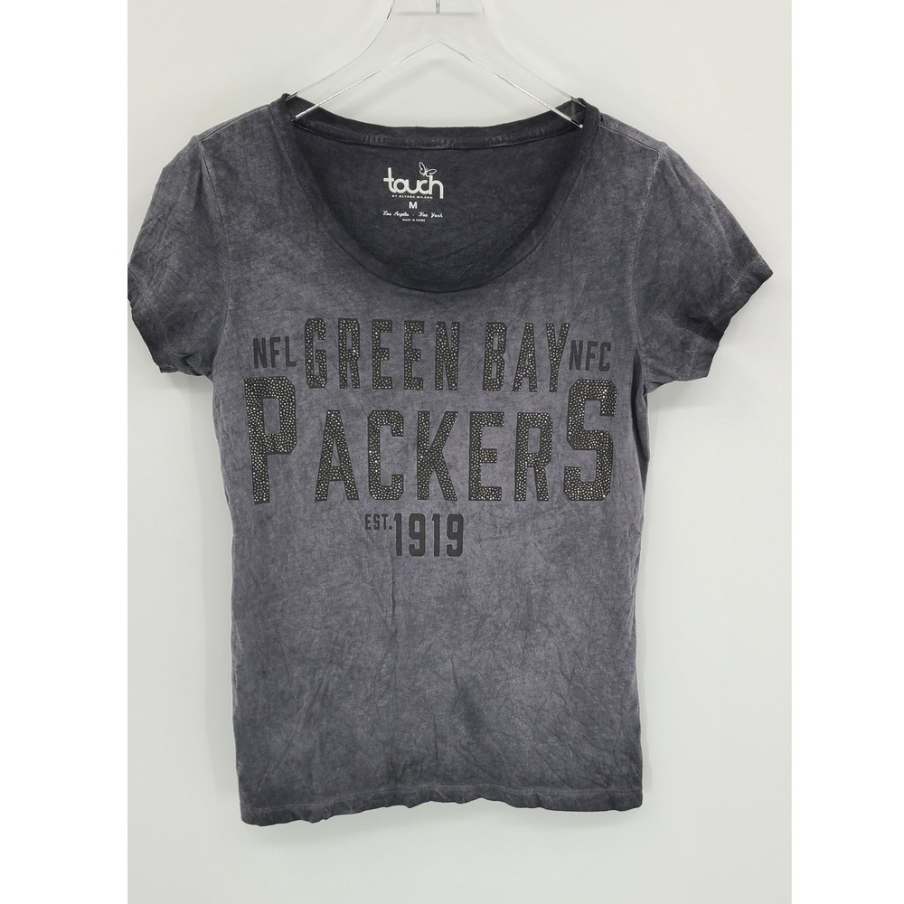 Green Bay‎ Packers NFL Rhinestone Tee Shirt Womens Medium Gray Acid Wash Bling